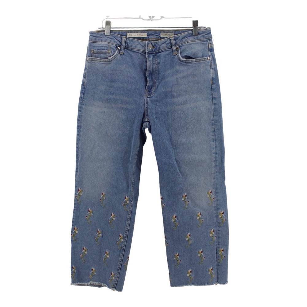 Pilcro and the Letterpress Jeans Womens 29 Blue Floral Embroidered Raw Hem Denim